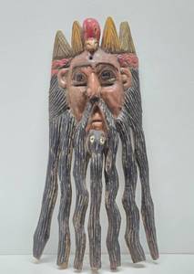 Old Vintage Carved Wood Bearded Figure Mask wBird