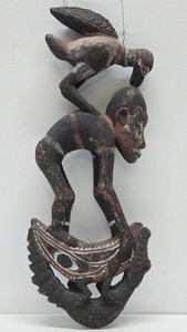 Old Carved Mumeri Peoples Figural Basket Hook wBird &amp Crocodile