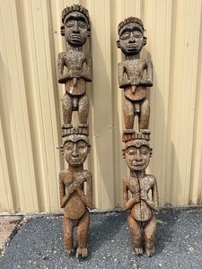 Large Old Matched Pair of Carved Bamileke Totems