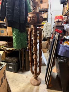 LARGE Vintage Mid Century African Tall Pedestal Bowl wCarved Faces &amp Heads