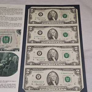 lot 121 image: 1976 US Bureau Engraving and Printing 4 Uncut 1976 $2 Bills UNC