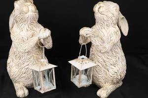 lot 1 image: Pair of Pier 1 Resin Bunny Rabbits w Metal Lanterns 14 Tall