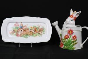 lot 3 image: Pier 1 Hop Town Bunnies Ceramic Platter &amp Watering Can Vase