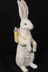 lot 10 image: Vintage White Easter Bunny with Yellow Backpack and Colorful Eggs, 21 H