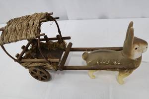 lot 22 image: Vintage Mid-Century German Papier Mache Rabbit with Wagon