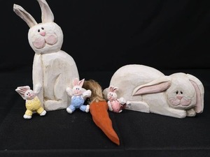 lot 62 image: Wooden Easter Bunny Set - Large 10-12 in Standing Bunny, 4 in Reclining, 3 Mini Bunnies, 9 in Carrot