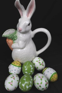 lot 63 image: Ceramic Bunny Pitcher with Carrot Spout and Wooden Decorated Eggs