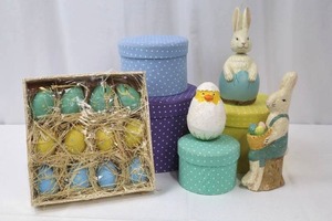 lot 78 image: Easter Decor Collection with Crate of 12 Eggs, Gift Boxes, Bunnies & Chick