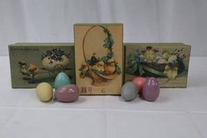 lot 79 image: 3 Decorative Easter Boxes &amp 6 Pastel Wooden Eggs