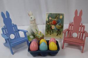 lot 80 image: Collection of Easter Decorations Including Wooden Eggs, Bunny Chairs, Wooden Easter Postcard, and more