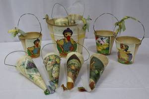 lot 82 image: Decorative Easter Tin Buckets with Ribbon Handles - Duck & Chick Prints Gift Set