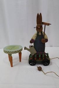 lot 85 image: Wooden Rabbit on Cart Pull Toy &amp Carrot Round Table