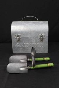 lot 88 image: Garden Tools - Galvanized Toolbox with 2 Green-Handled Hand Trowels (Lot of 3)