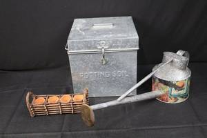 lot 89 image: Potting Soil Box - Vintage Galvanized Steel with Watering Can & Seedling Pots
