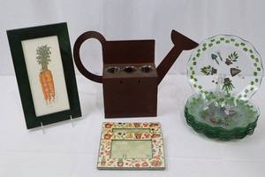 lot 102 image: Garden Decor Set 10 9-Inch Glass Plates, Carrot Print Frame, Brown Metal Watering Can with Tubes