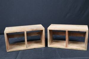 lot 104 image: Pottery Barn Wood Storage Shelf Pair - 2-Cubby Open Shelves