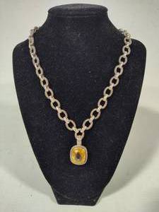 lot 1 image: 925 Lorenzo Cushion Cut Citrine Pendant wOpen Cable Link Necklace
