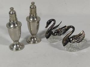 lot 22 image: Weighted Pewter Salt & Pepper Shakers  Two Swan Salt Cellars