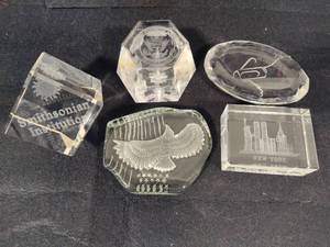 lot 93 image: Assorted Clear Glass Etched Paperweights