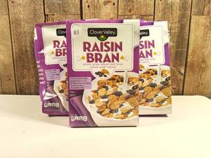 lot 83 image: Clover Valley Raisin Bran Breakfast Cereal, 16.6 oz.  (set of 9)