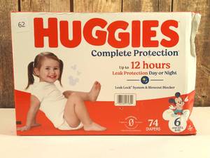 lot 62 image: Huggies Complete Protection Baby Diapers, Size 6 (35 lbs), 74 ct