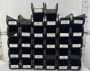 lot 43 image: MSRP $200 - 32 Akro-Mils 30-224 Akro-BinsUline  Great Condition Heavy-Duty Hanging &amp Stacking Plastic Storage Bins 11x4x4  Corrosion-Proof, Blue  Perfect for Garage, Workshop, or Warehouse Organization