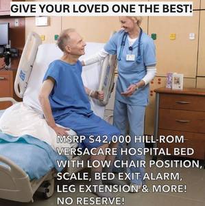 lot 1 image: MSRP $42,000 Hill Rom VersaCare Hospital Bed -500lb Capacity, Chair Position, Foot Extension, Scale, Bed Exit Alarm, Foot Controls, Low To Ground & RARE Hand Controller Free Used Mattress (Prevents Bedsores) See Youtube