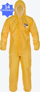 lot 51 image: MSRP $400 25 NEW ChemMax 1 Chemical Protective Coveralls Size 3X Yellow Hooded Bound Seam Zipper PPE Hazmat Splash Suits For industrial safety, hazardous material handling, chemical splash protection, &amp contamination-control applications.