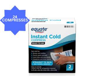 lot 94 image: MSRP $250  1 Case (12-2 Count Boxes per case) NEW Equate WAL148010 5.75 x 8.5 Single-Use Instant Cold Compresses - Fast Pain Relief, Direct-To-Skin Application, Convenient and Portable