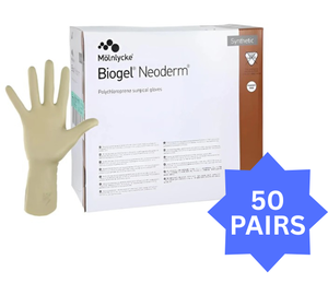 lot 36 image: MSRP $220 Box of 50 Pairs NEW Mlnlycke Biogel� Neoderm Synthetic Surgical Gloves Size 8 Premium OR Gloves wExcellent Tactile Sensitivity, Patented Biogel� polymer coating on the inner surface for easier, consistent donning even with damp hands.