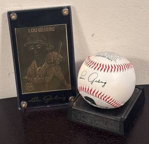 lot 344R image: B - Lou Gehrig Gold Sports Card with Baseball