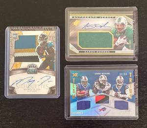 lot 347R image: B - NFL Jersey Patch Autograph Cards Lot of 3 - Marqise Lee (Jaguars) Crown Royale Silhouettes Aaron Dobson Autograph Jersey Team Trios (WatkinsJonesTaylor)