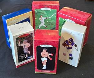 lot 401K image: BR1 - Keepsake Ornament Lot - 6 Hallmark Collectors Series Sports Icons (Baseball, Football, Boxing)
