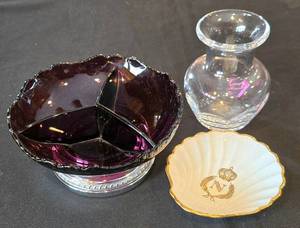lot 406K image: BR1 - Simon Pearce Posey Vase 4.25 in - Amethyst Pedestal Dish 6.5 in - Limoges, France, Ashtray 1966