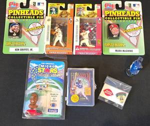 lot 512K image: BR1 - 1990s Sports Collectibles Lot Action Flats, Pinheads, Marcus Allen Micro Stars, Hank Aaron Diamond Kings