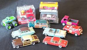 lot 610K image: BR1 - Chevrolet 1958 Impala, Studebaker Starliner, Ford Woody Wagon, Road Champs Monster Truck, Tootsie Toy