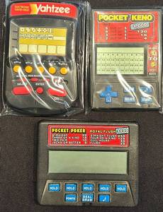 lot 56C image: B - Lot of 3 Electronic Handheld Games Yahtzee, Pocket Keno, Pocket Poker