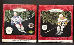lot 105C image: B - Set of 2 Hallmark Keepsake Ornaments Wayne Gretzky and Mario Lemieux with Trading Cards