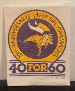 lot 25R image: B - Minnesota Vikings 40 for 60 20th Anniversary 1969 NFL Champions Fan Hanky 1989