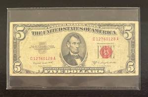 lot 28R image: B - 1953 Red Seal Five Dollar Bill United States Note