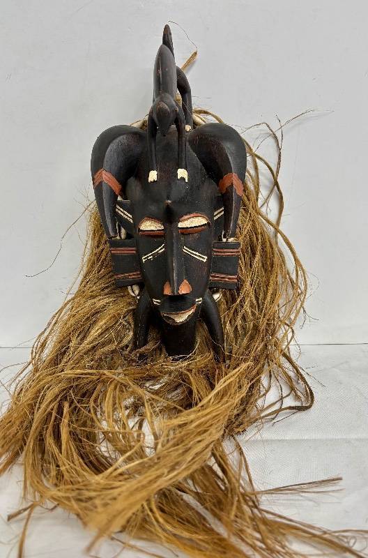 Senoufo Ceremonial Mask - Ivory Coast, 13-Inch Carved Wood with Raffia Hair
