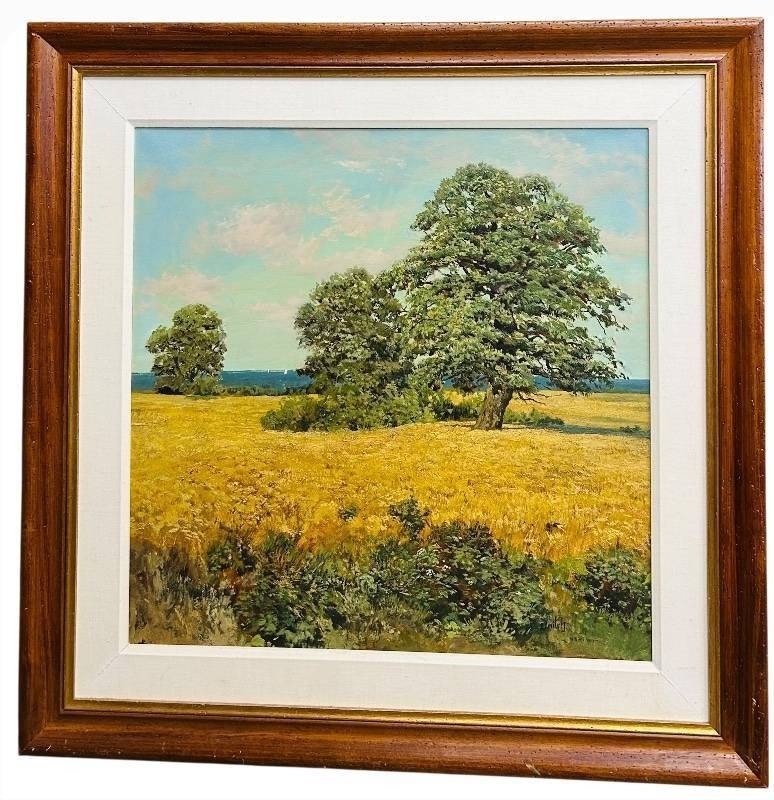 Landscape Painting - Lone Tree in Golden Field, Framed