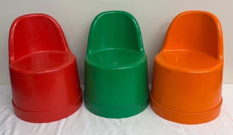 Set of Three Vintage Plastic Childrens Chairs RedGreenOrange