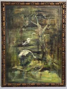 Vintage Large Original Oil on Canvas Painting, Egrets in Marsh