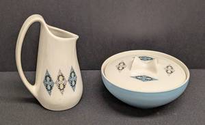 Mid Century Modern Iroquois China in Blue Diamonds Pattern Creamer Pitcher & Sugar Bowl  Ben Seibel Blue Diamonds