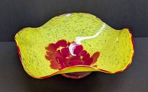 Artisan Handblown Art Glass Bowl - Yellow with Red Floral Burst