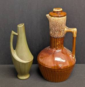 Vintage Mid Century Ceramic Vase & Pitcher Set - Olive Green Vessel & Brown Glazed Jug