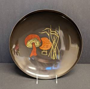 Mid Century Couroc Mushroom Platter, Satin Black with Wood Inlay
