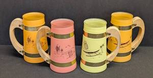 Set of Four Vintage Benner Siesta Ware Barrel Tiki Mugs with Wooden Handles