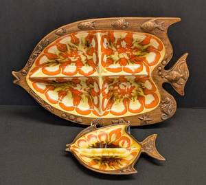 Mid Century Treasure Craft Fish-Shaped Ceramic Serving Plates (2)